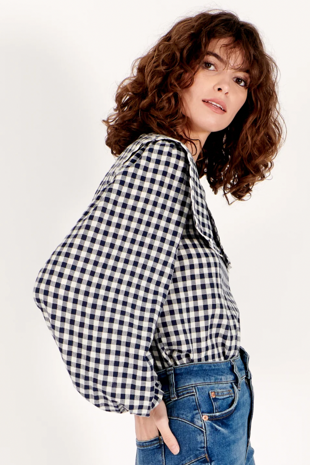 Mabel Gingham Top- Navy/Ivory