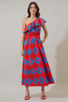 Devany One Shoulder Ruffle Dress- Red/Blue