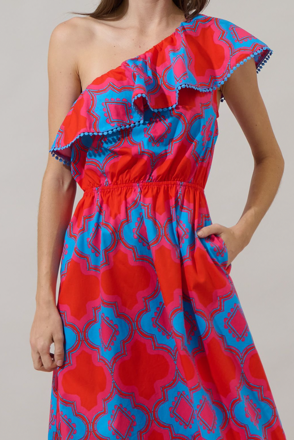 Devany One Shoulder Ruffle Dress- Red/Blue