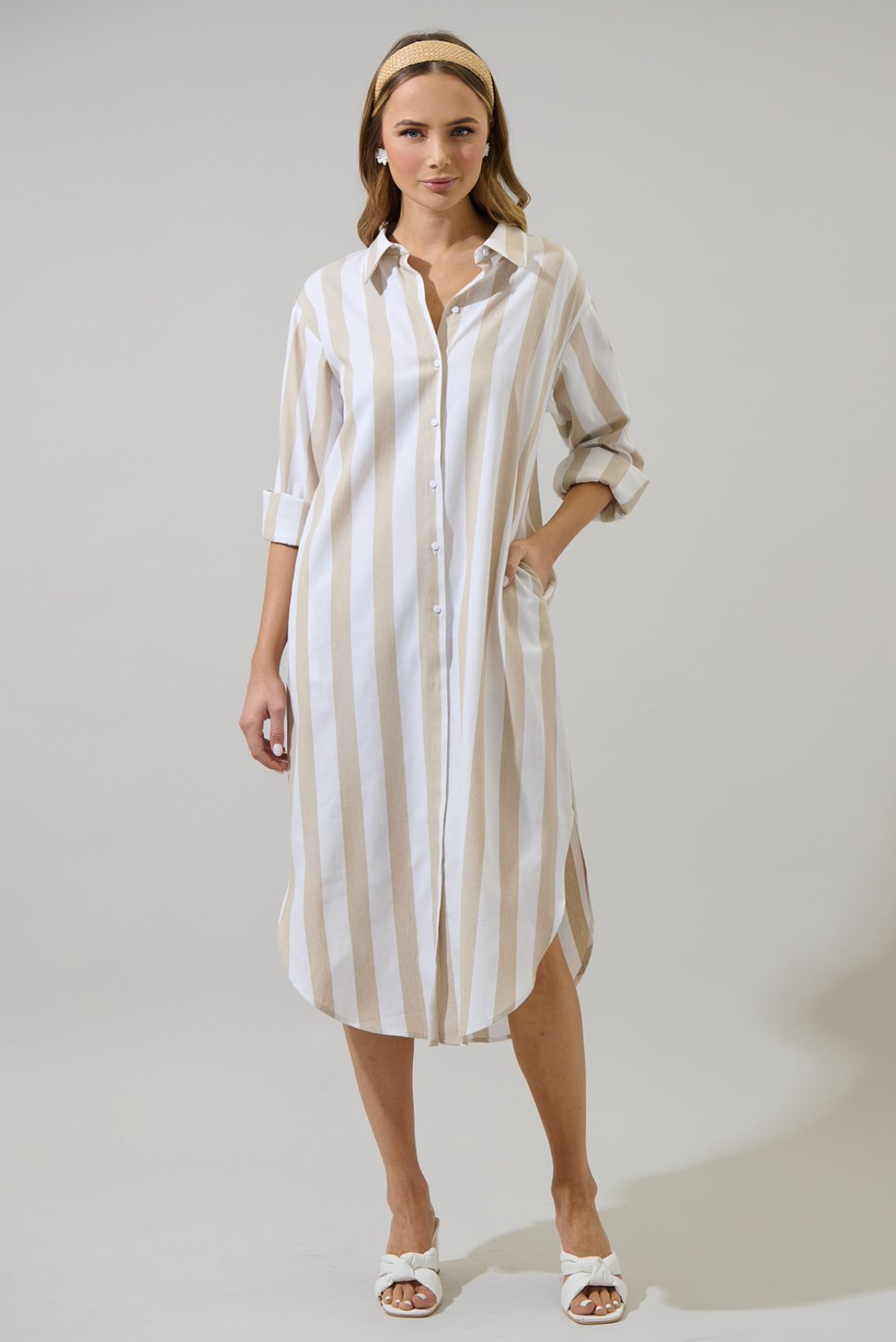 Jordy Striped Shirt Midi Dress- Tan/White