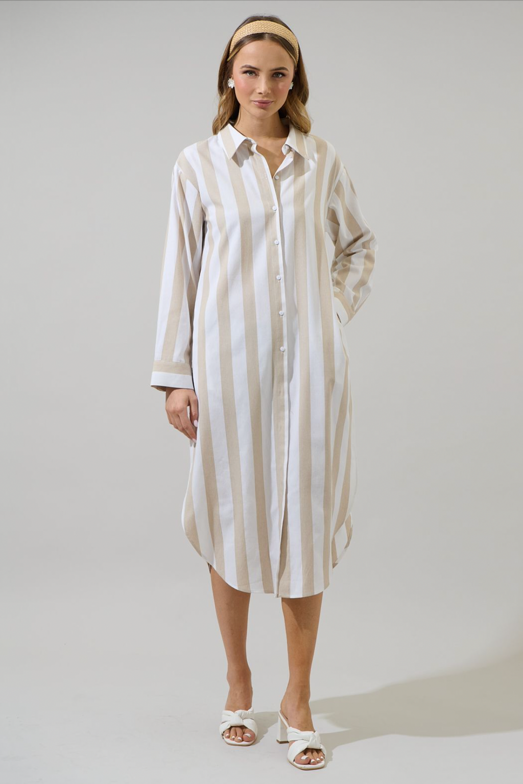 Jordy Striped Shirt Midi Dress- Tan/White