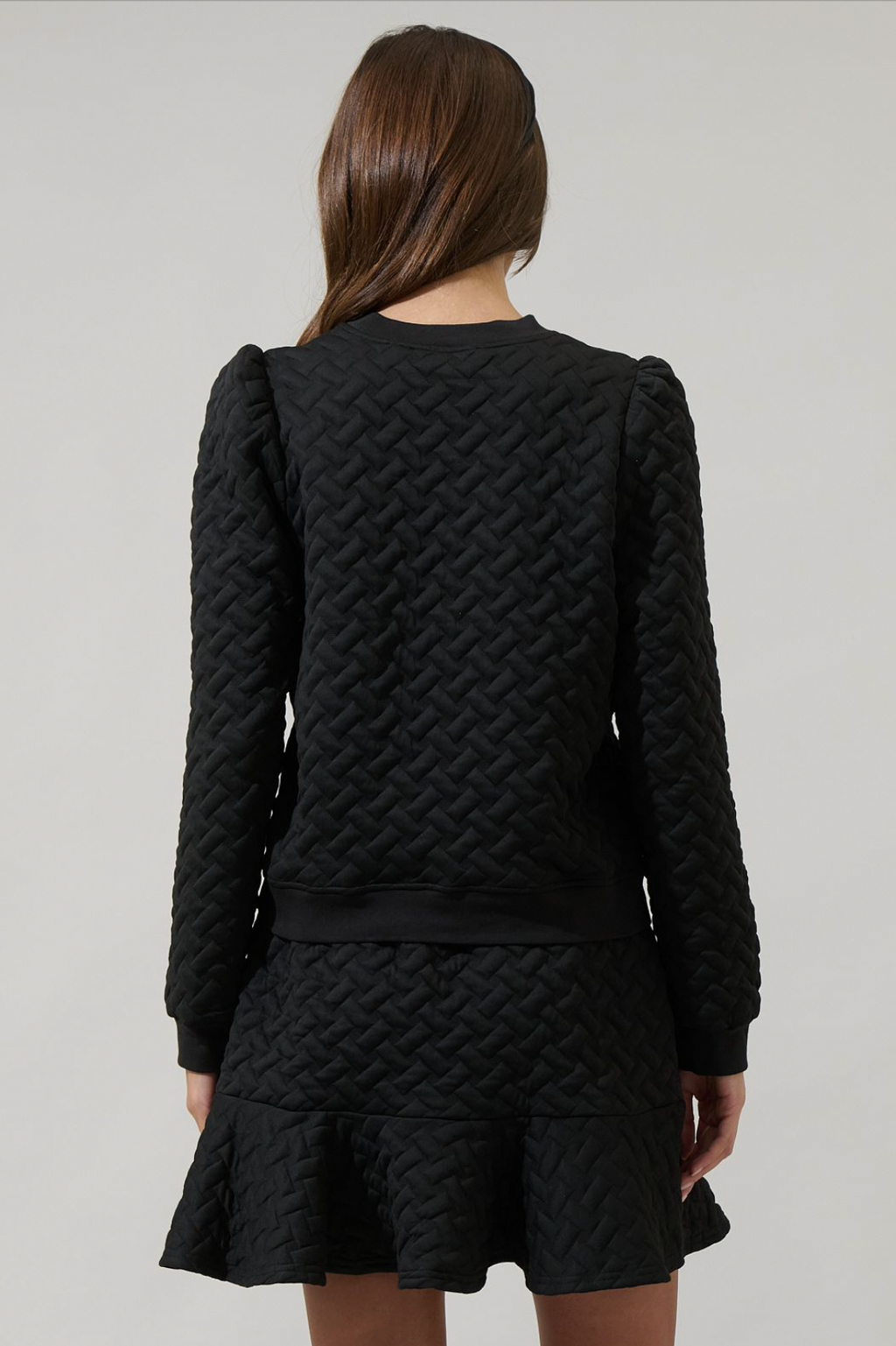 Yulia Quilted Puff Sleeve Sweatshirt- Black