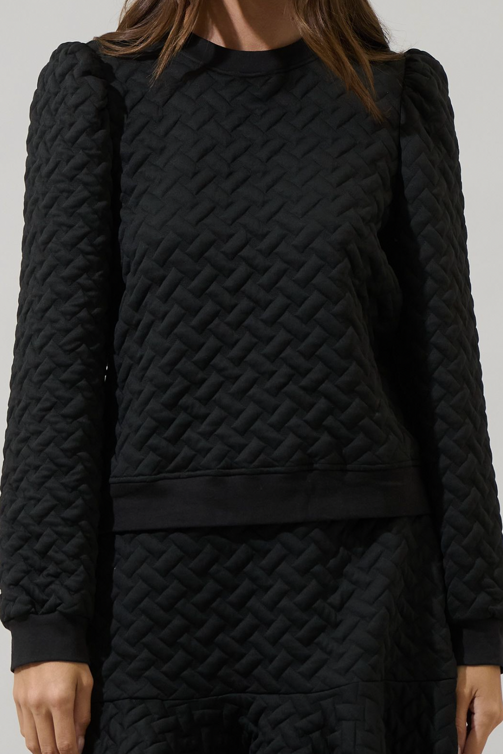 Yulia Quilted Puff Sleeve Sweatshirt- Black