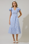 Maisie Floral Patte Tiered Midi Dress- Blue/White