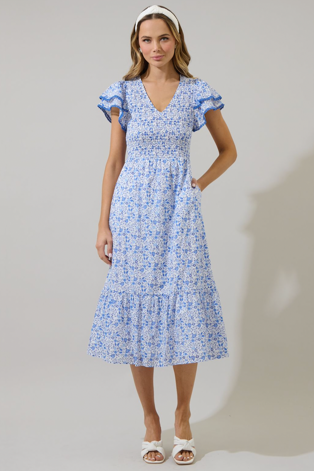 Maisie Floral Patte Tiered Midi Dress- Blue/White