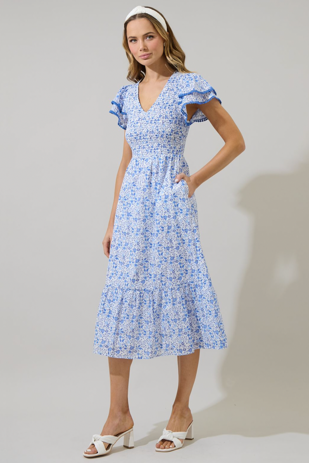 Maisie Floral Patte Tiered Midi Dress- Blue/White