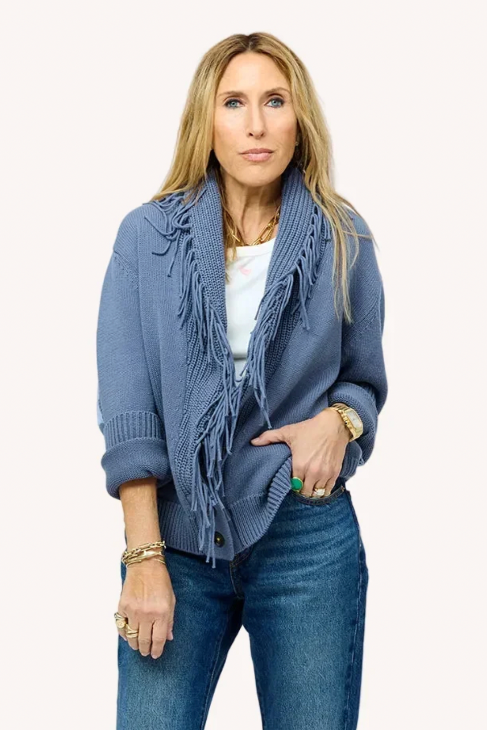 Fringe Shawl Collar Love Cardigan- Denim Blue