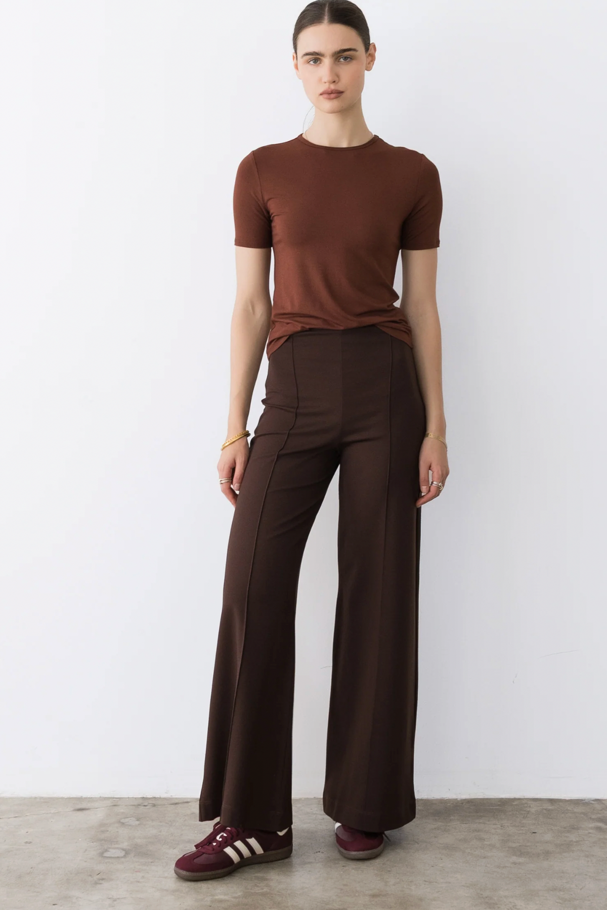 Ponte Knit Standard Wide Leg Pant- Chocolate