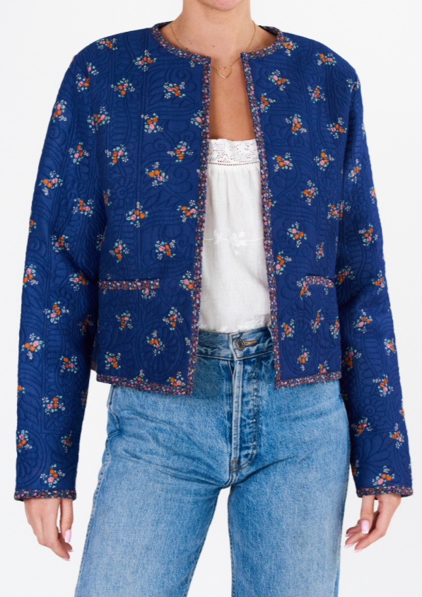 Vivi Print Quilted Jacket- Navy