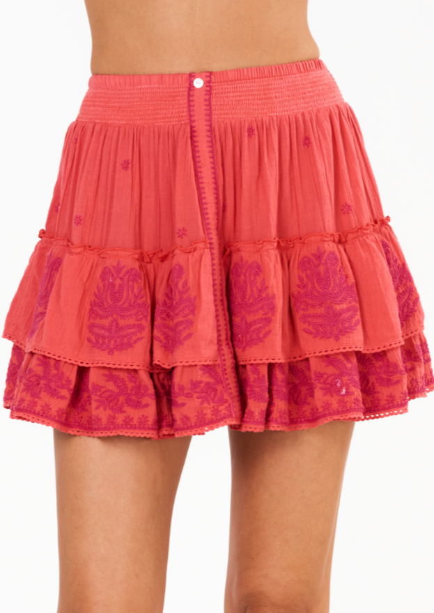 Mina Embroidered Mini Skirt- Coral