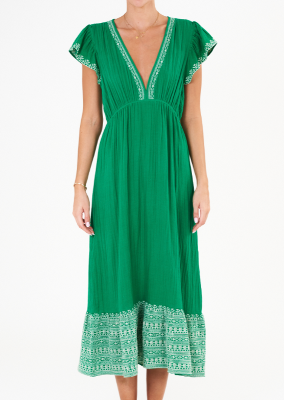 Cella Embroidered Dress- Green