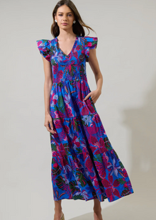 Mela Tropical Print Smocked Midi Dress