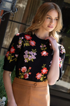 Short Sleeve Flower Sweater- Black