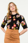 Short Sleeve Flower Sweater- Black