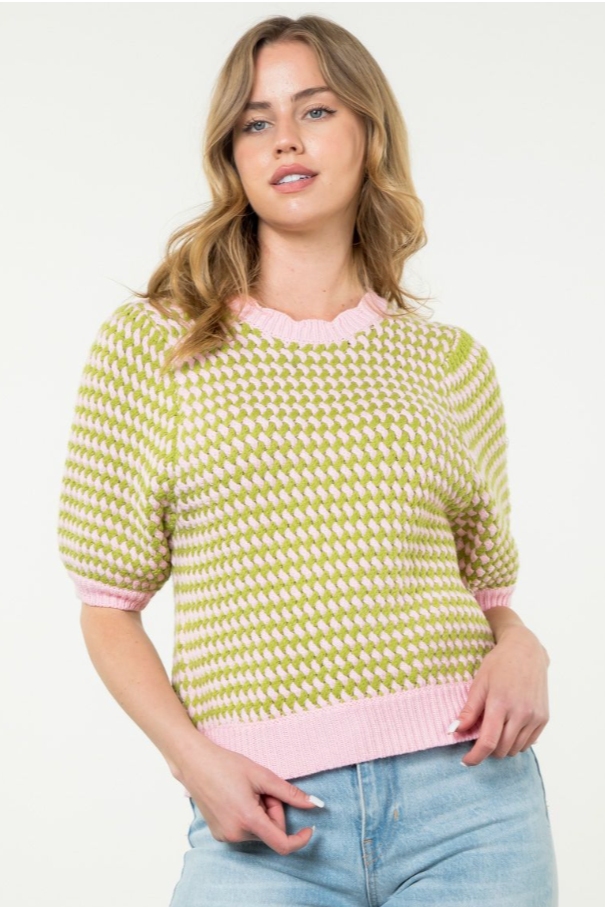 Short Sleeve Knit Sweater- Green/Pink