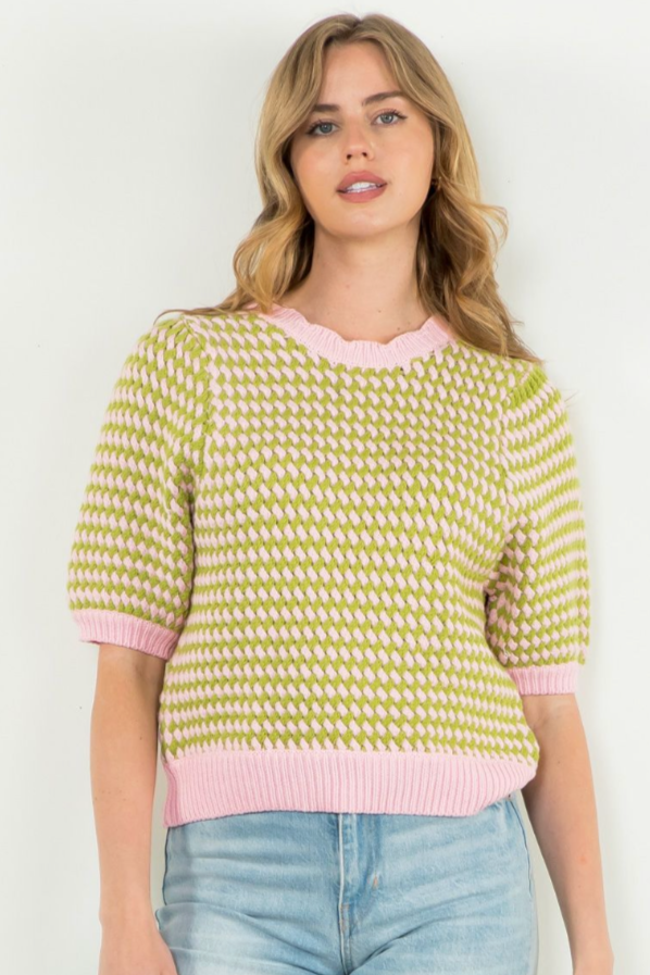 Short Sleeve Knit Sweater- Green/Pink