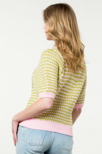 Short Sleeve Knit Sweater- Green/Pink