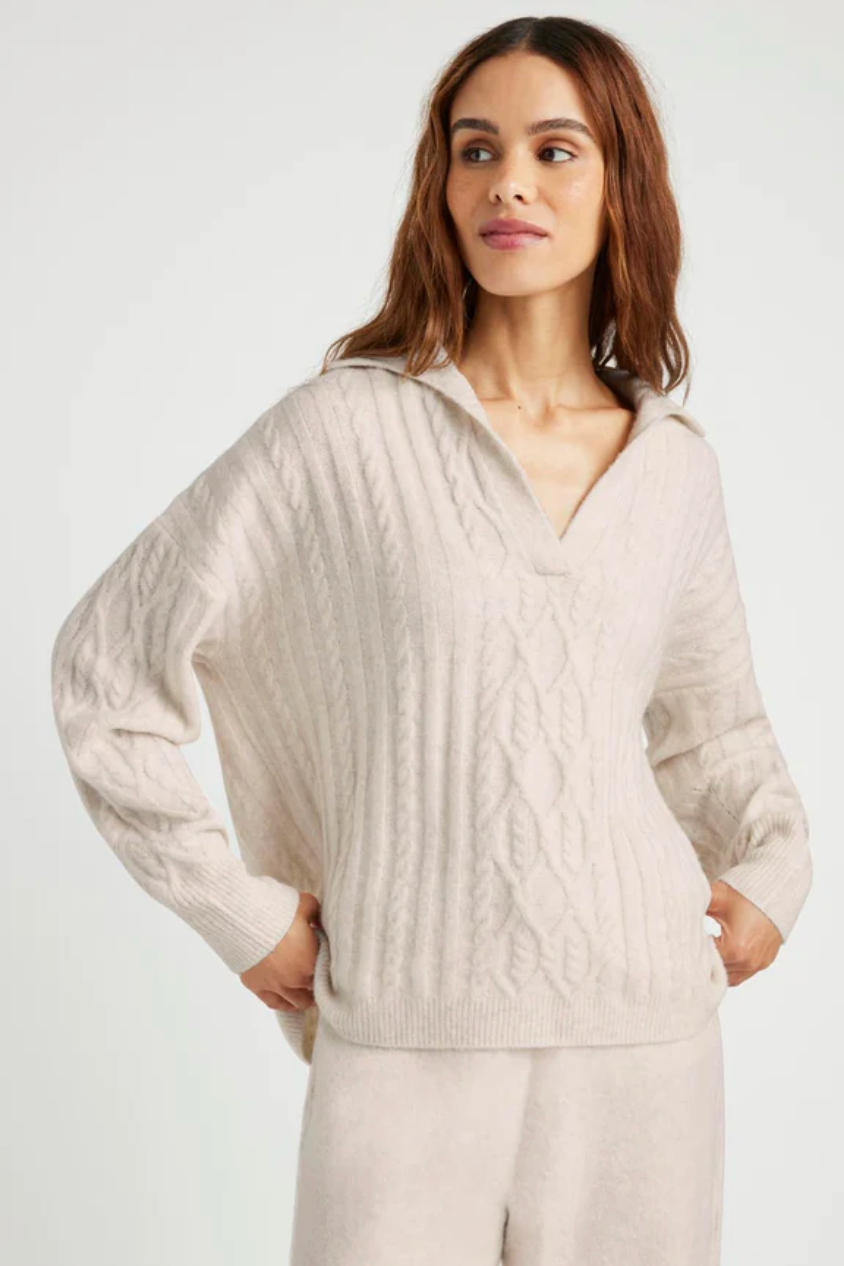 Stassi Cable Polo Sweater- Oat