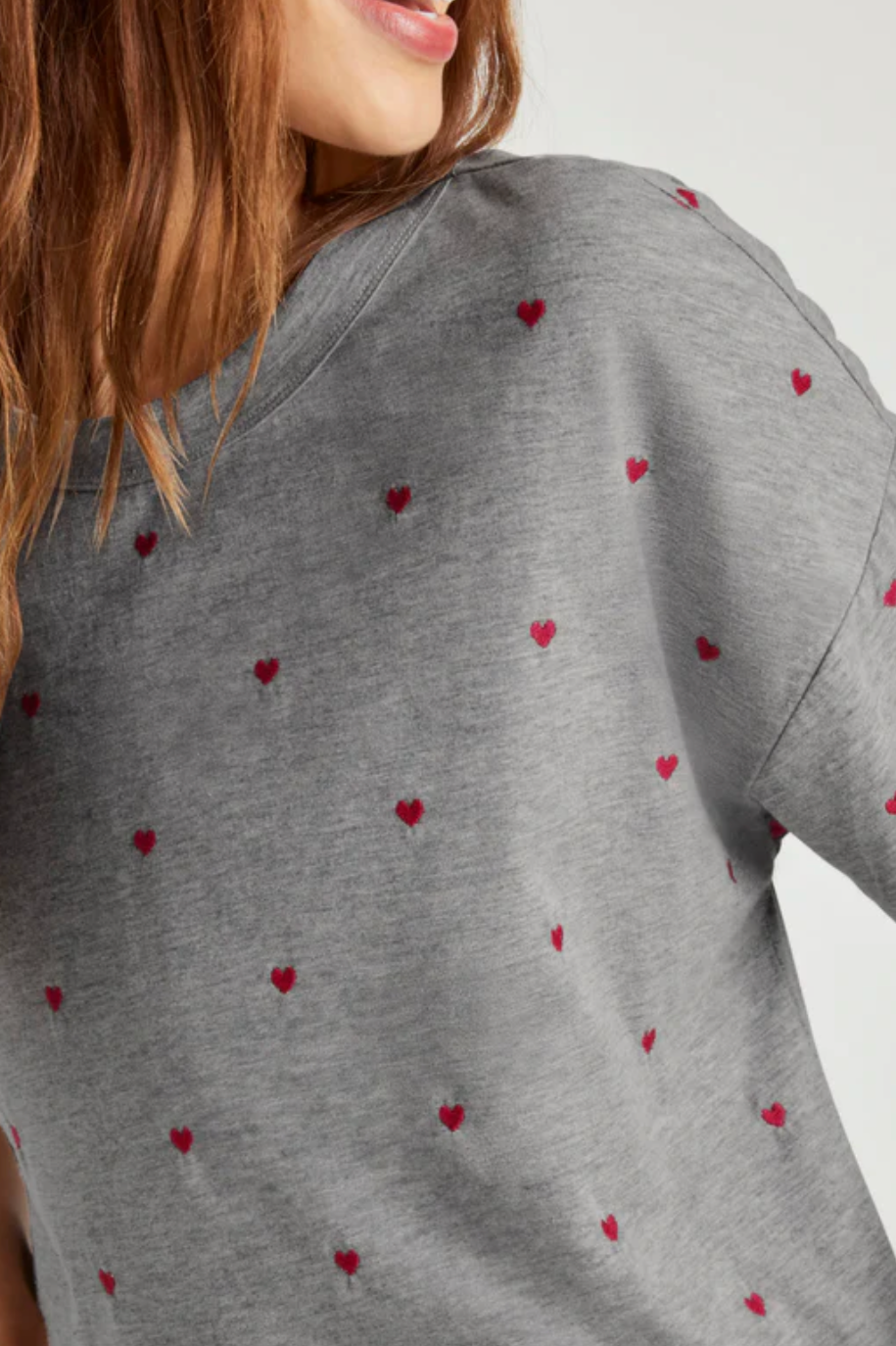 Embroidered Hearts Tee- Heather Grey