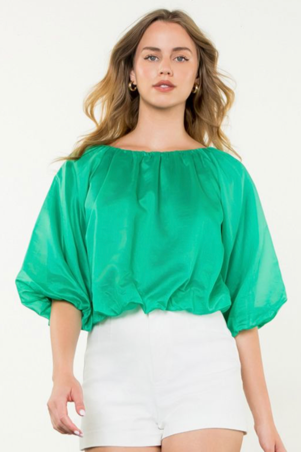 Puff Sleeve Flowy Blouse—Kelly Green