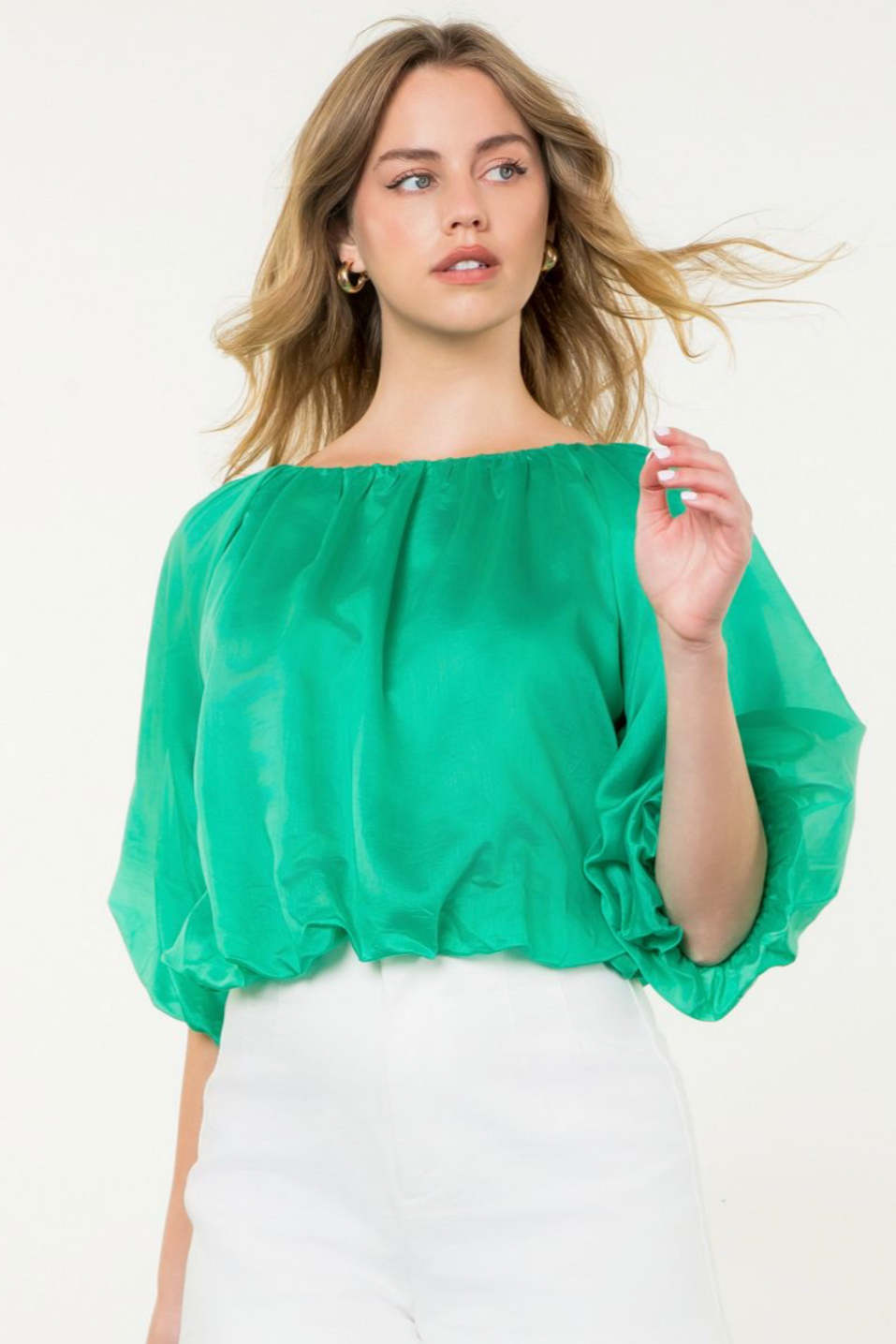 Puff Sleeve Flowy Blouse—Kelly Green