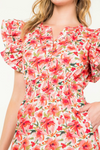 Ruffle Sleeve Floral Midi Dress—Red/Cream