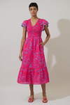Delina Floral Patte Tiered Midi Dress- Pink/Blue