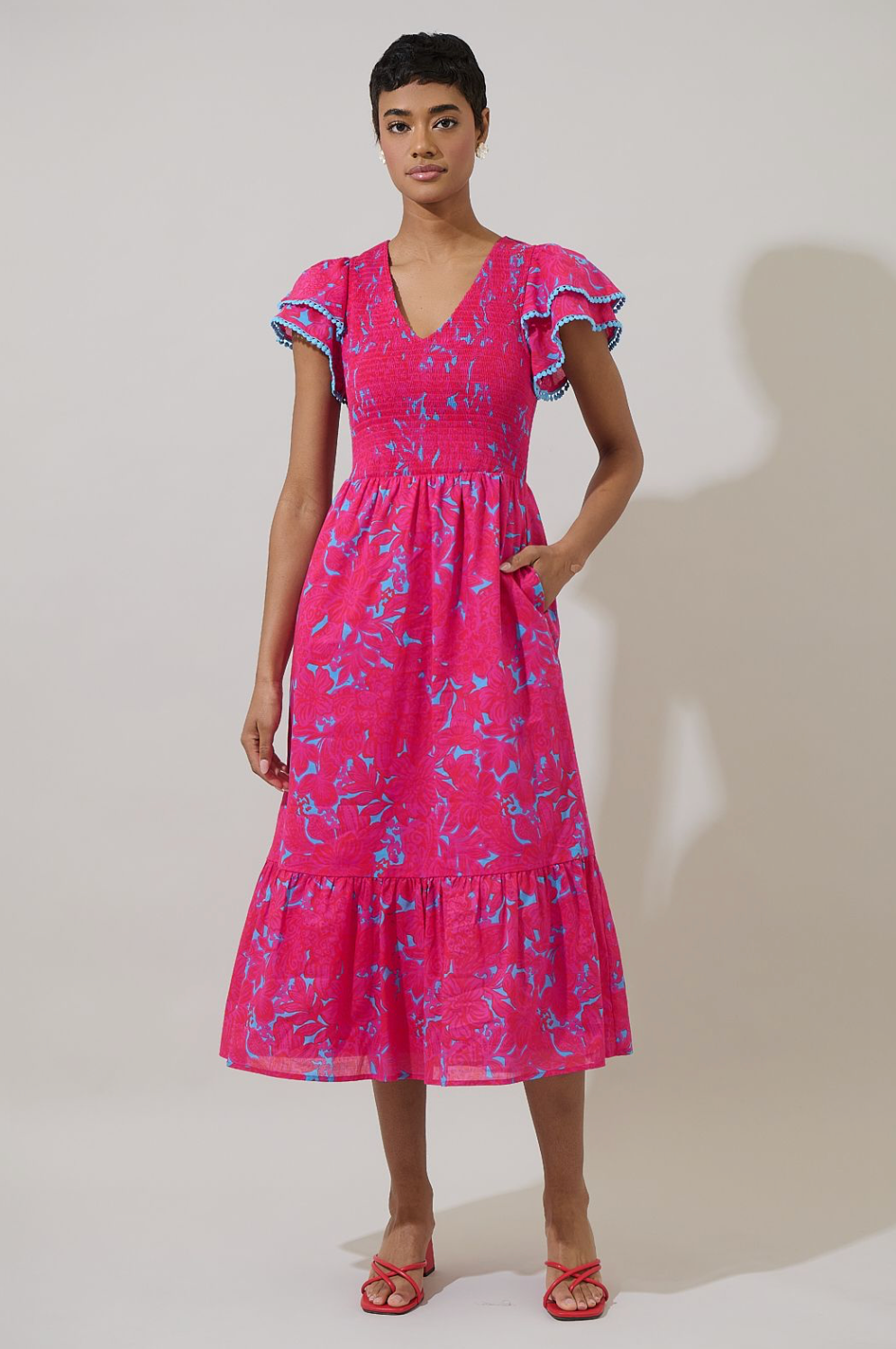 Delina Floral Patte Tiered Midi Dress- Pink/Blue