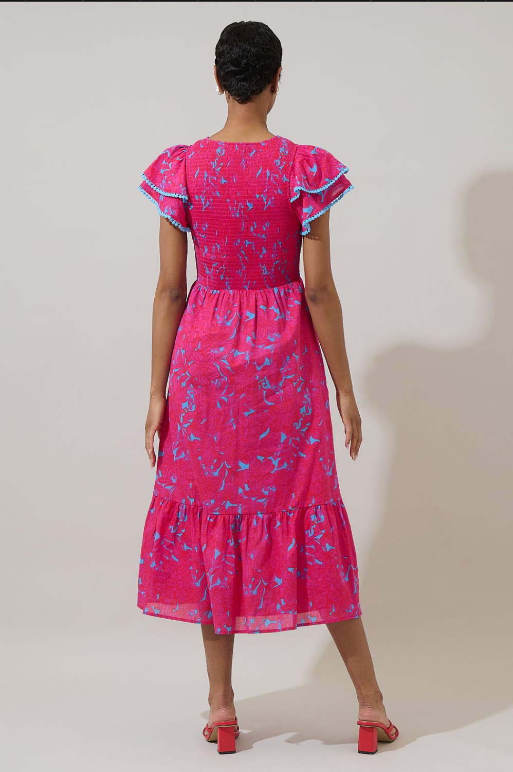 Delina Floral Patte Tiered Midi Dress- Pink/Blue