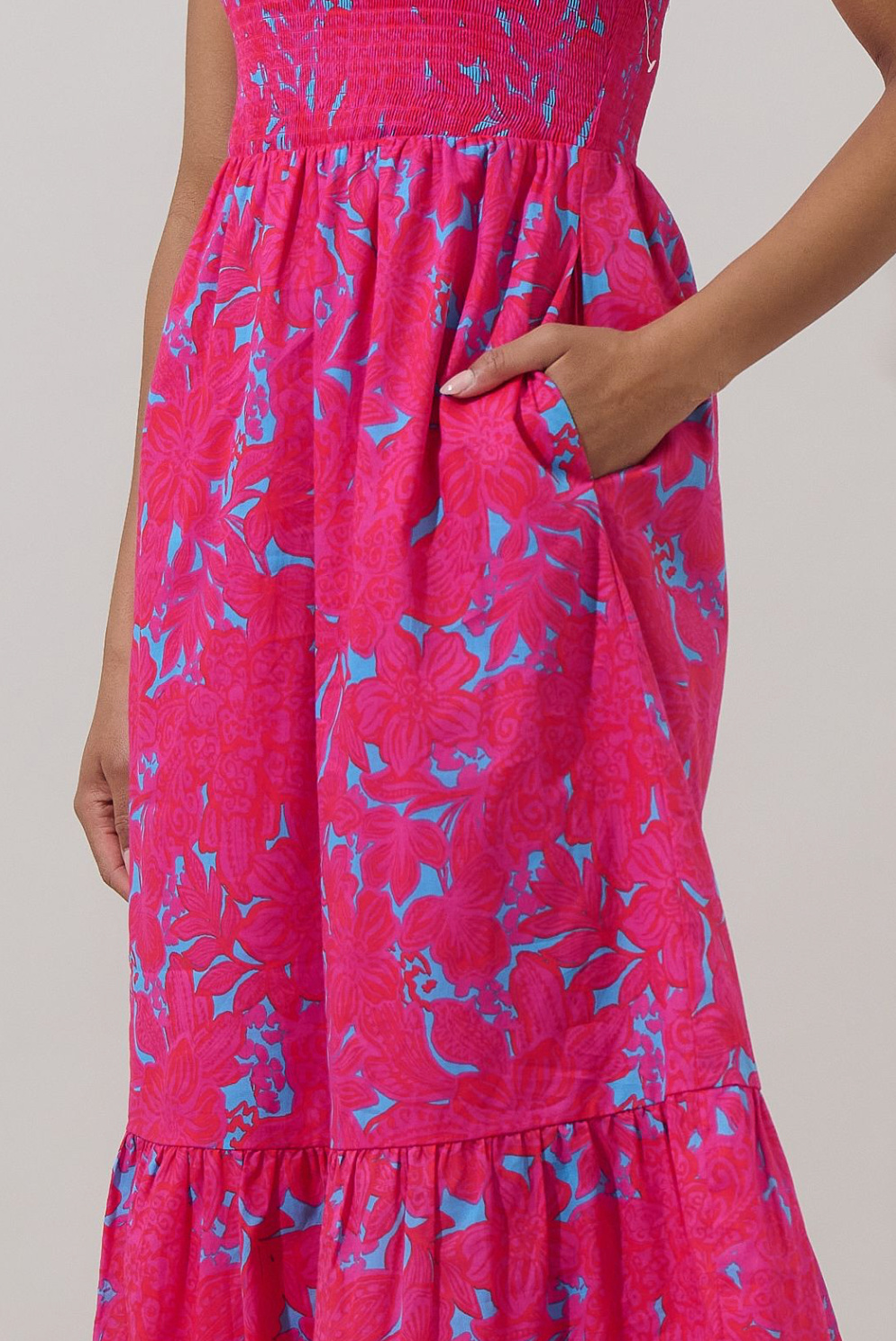 Delina Floral Patte Tiered Midi Dress- Pink/Blue