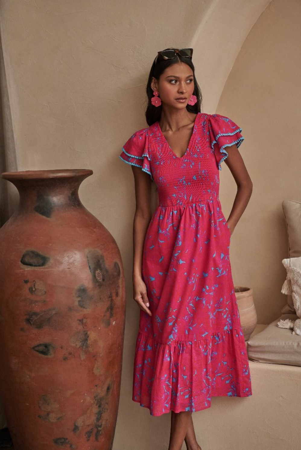 Delina Floral Patte Tiered Midi Dress- Pink/Blue