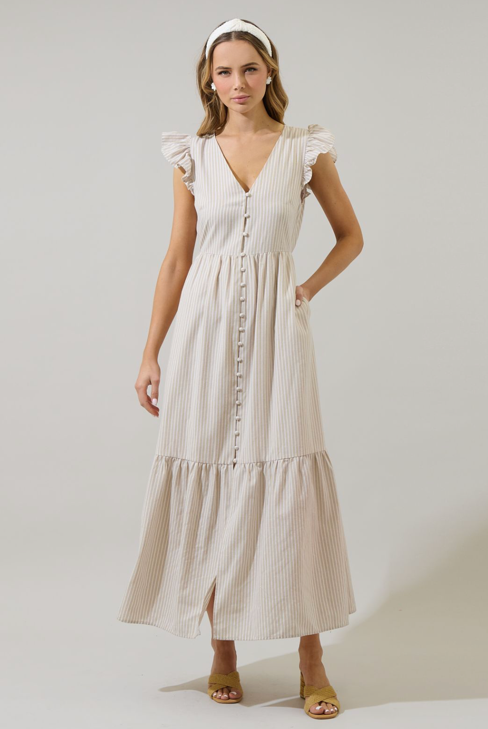 Sandy Striped Evianna Flutter Maxi Dress- Tan/White