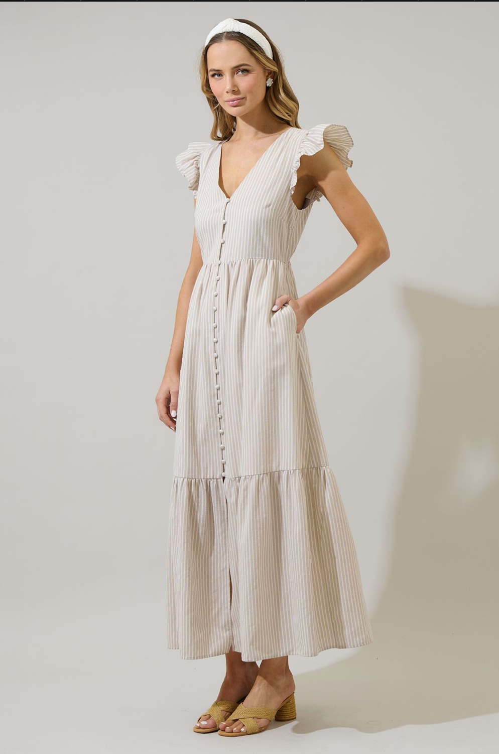 Sandy Striped Evianna Flutter Maxi Dress- Tan/White