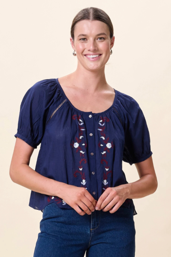 Adeline Blouse- Navy Embroidered