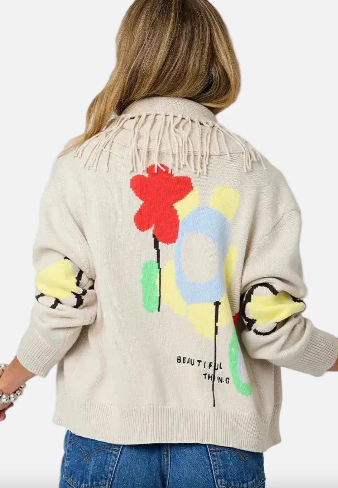 Fringe Shawl Collar Cardigan- Chalk