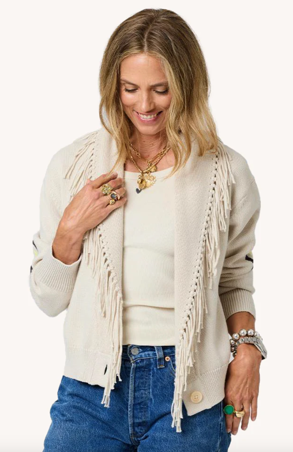 Fringe Shawl Collar Cardigan- Chalk