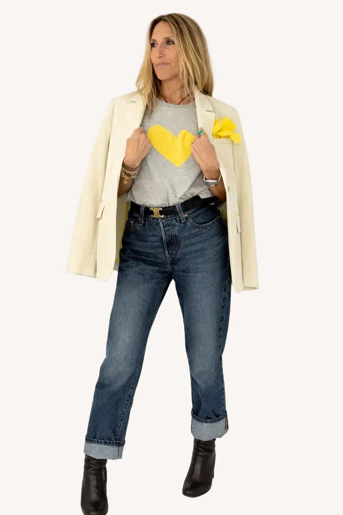 Suke Imperfect Heart Tee- Heather Gray- Sunshine Yellow