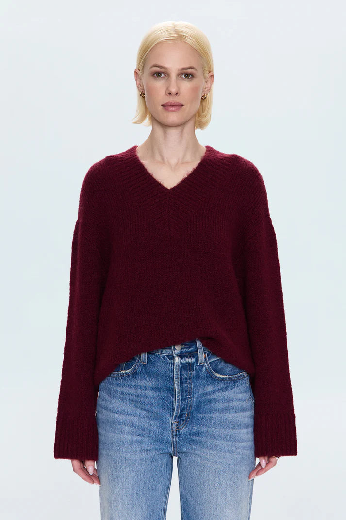 Talia Oversized V-Neck Sweater- Claret