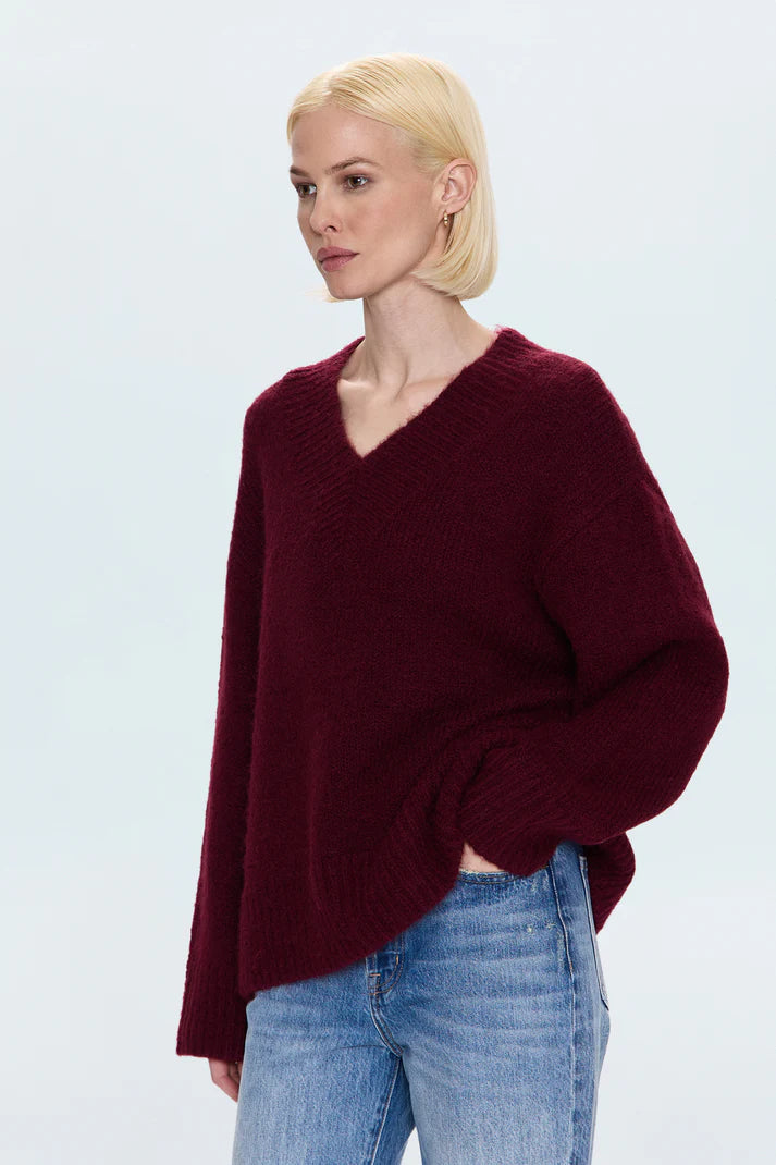 Talia Oversized V-Neck Sweater- Claret