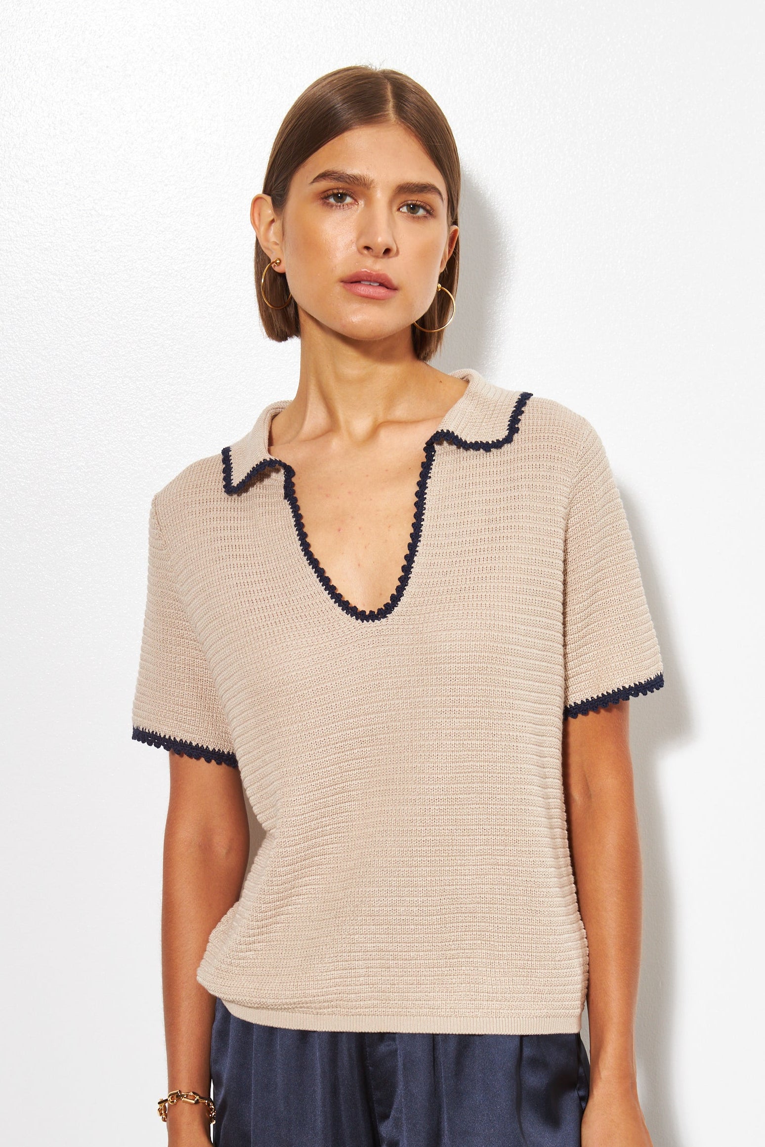 Elle Open Knit Polo Sweater- Holiday Tan