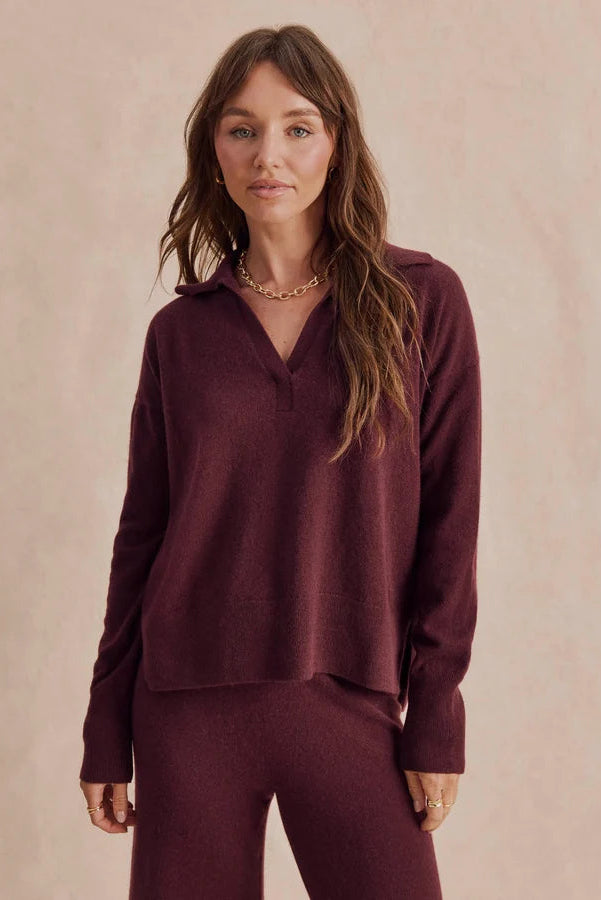 Tori Cashmere Polo Sweater in Merlot
