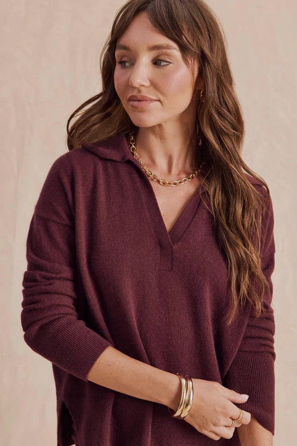 Tori Cashmere Polo Sweater in Merlot