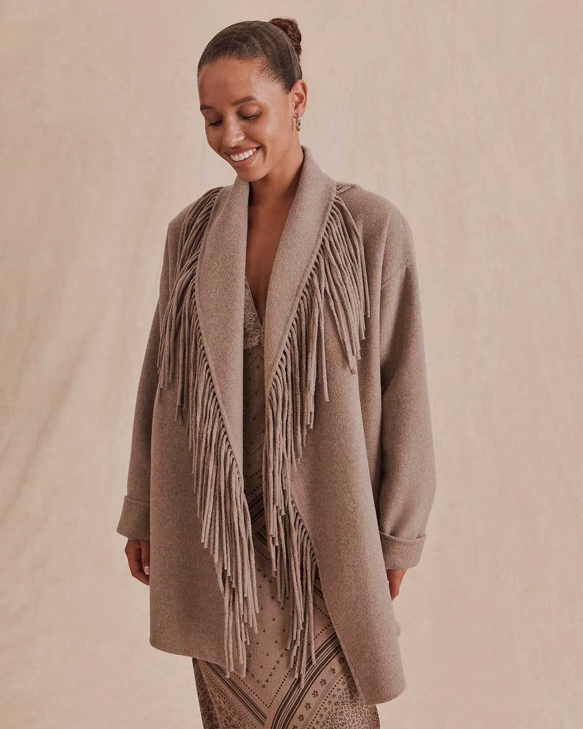 Sandra Fringe Jacket- Taupe Grey