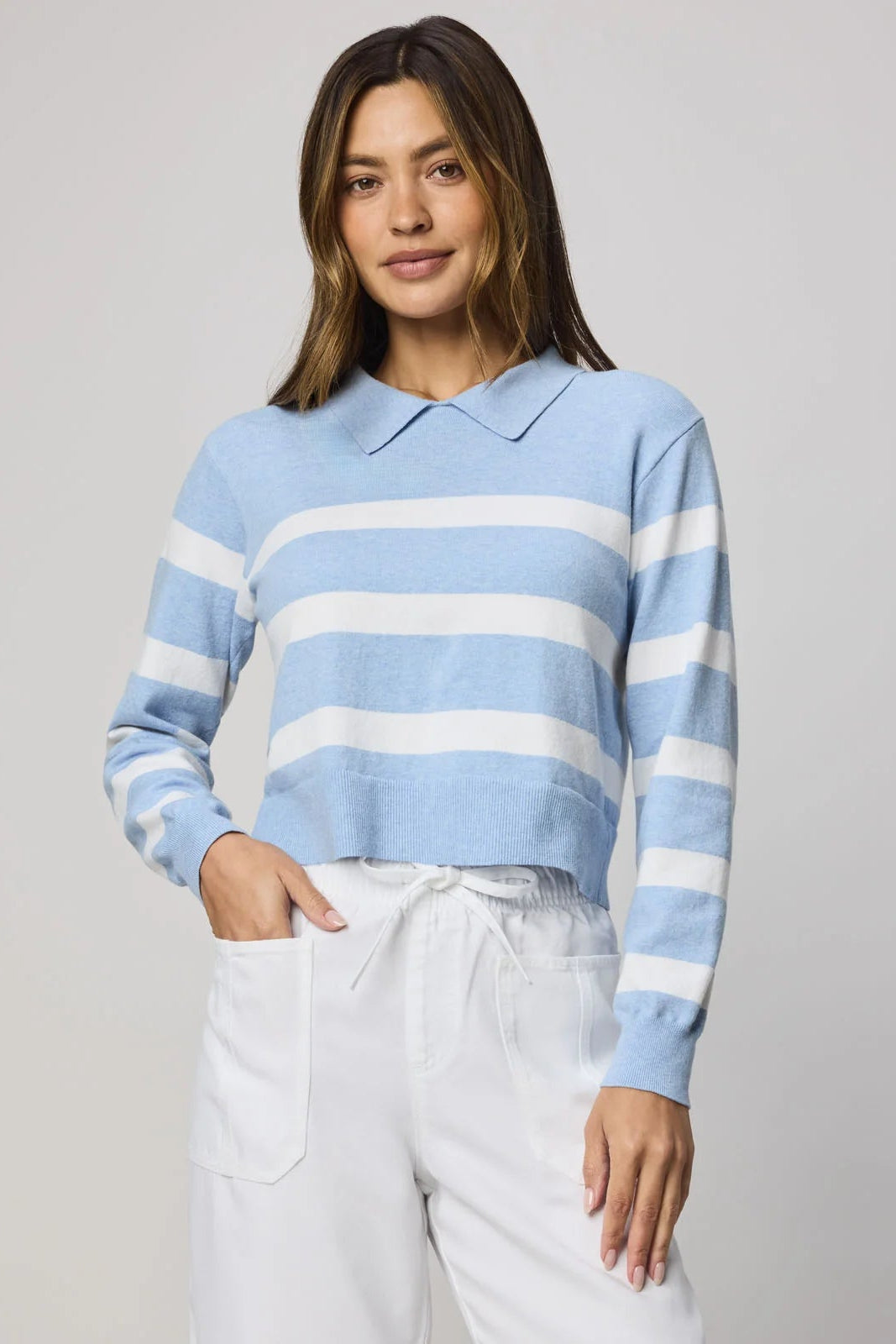 Phoebe Polo Stripe Sweater- Sea Breeze Heather/White