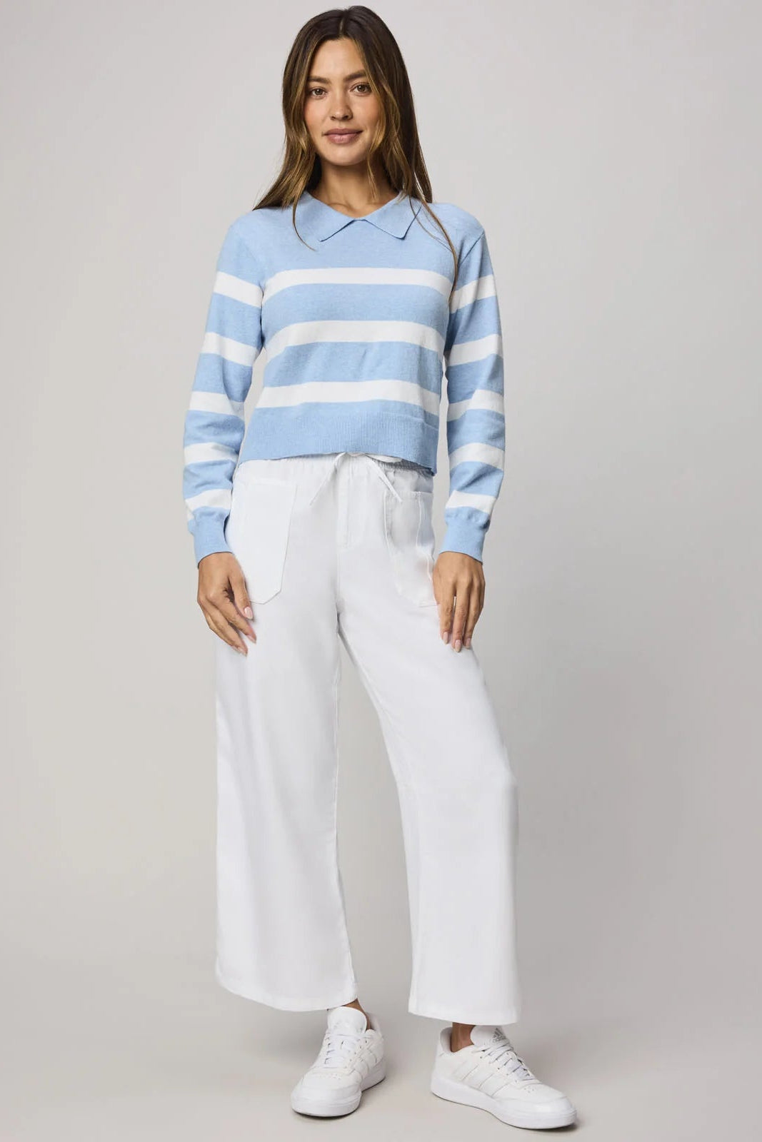 Phoebe Polo Stripe Sweater- Sea Breeze Heather/White