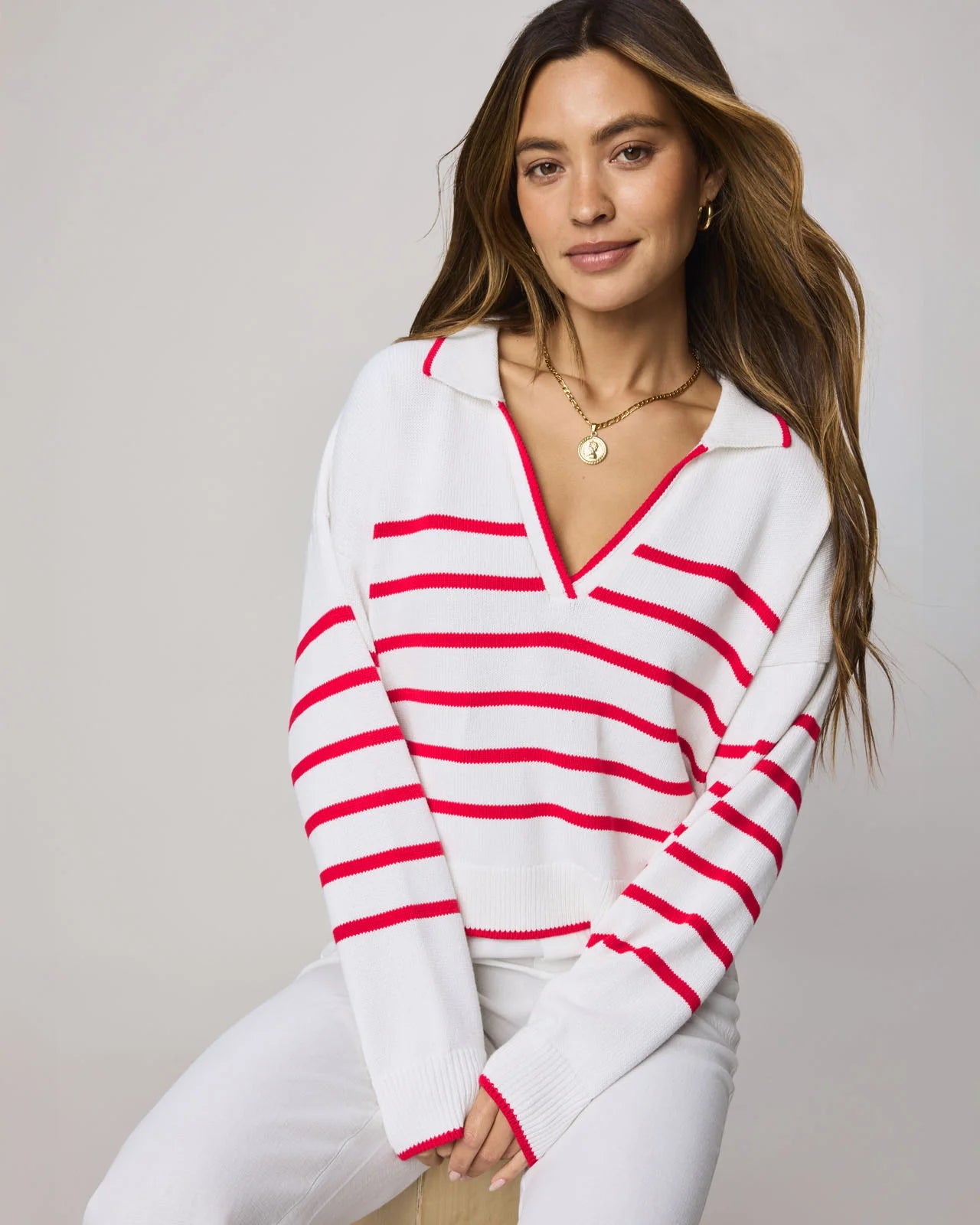 Arden Stripe Polo Sweater- White/Rouge