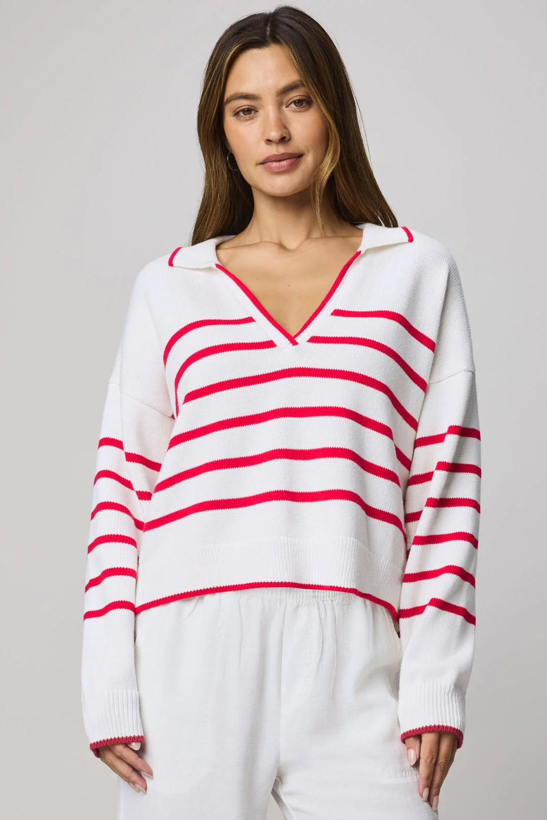 Arden Stripe Polo Sweater- White/Rouge