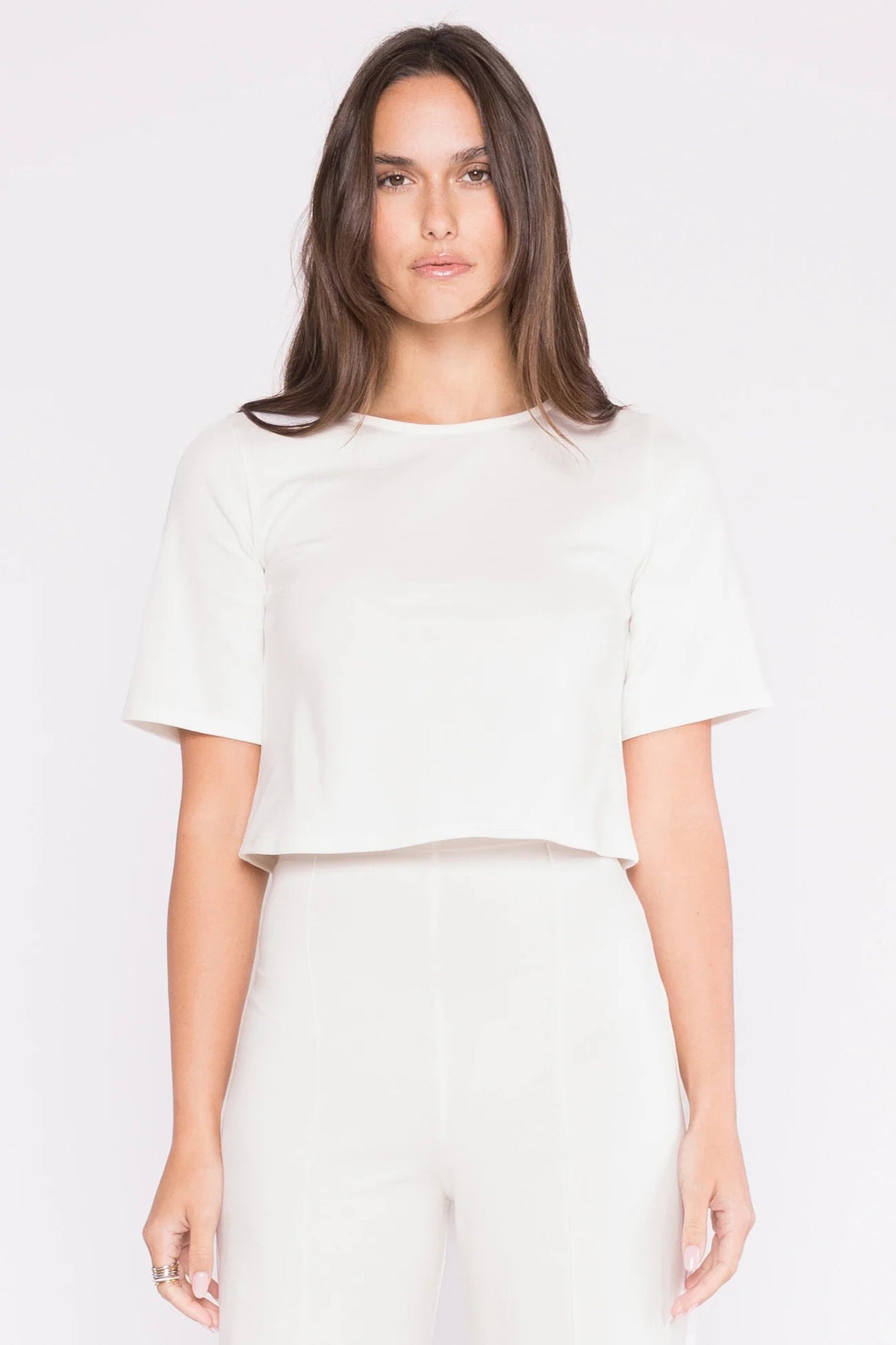 Ponte Knit Short Sleeve Top- Off-White