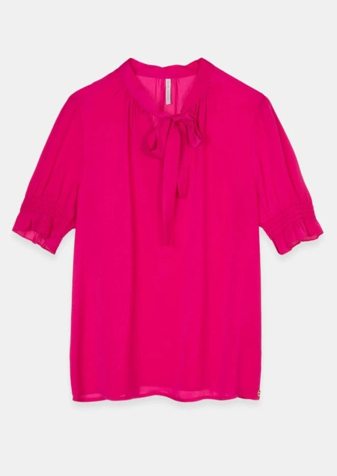 Puff Sleeve Tie Neck Blouse- Magenta Pink
