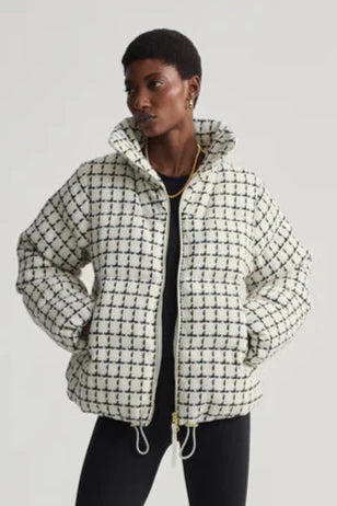 Eugene Check Short Puffer Coat- Egret Check